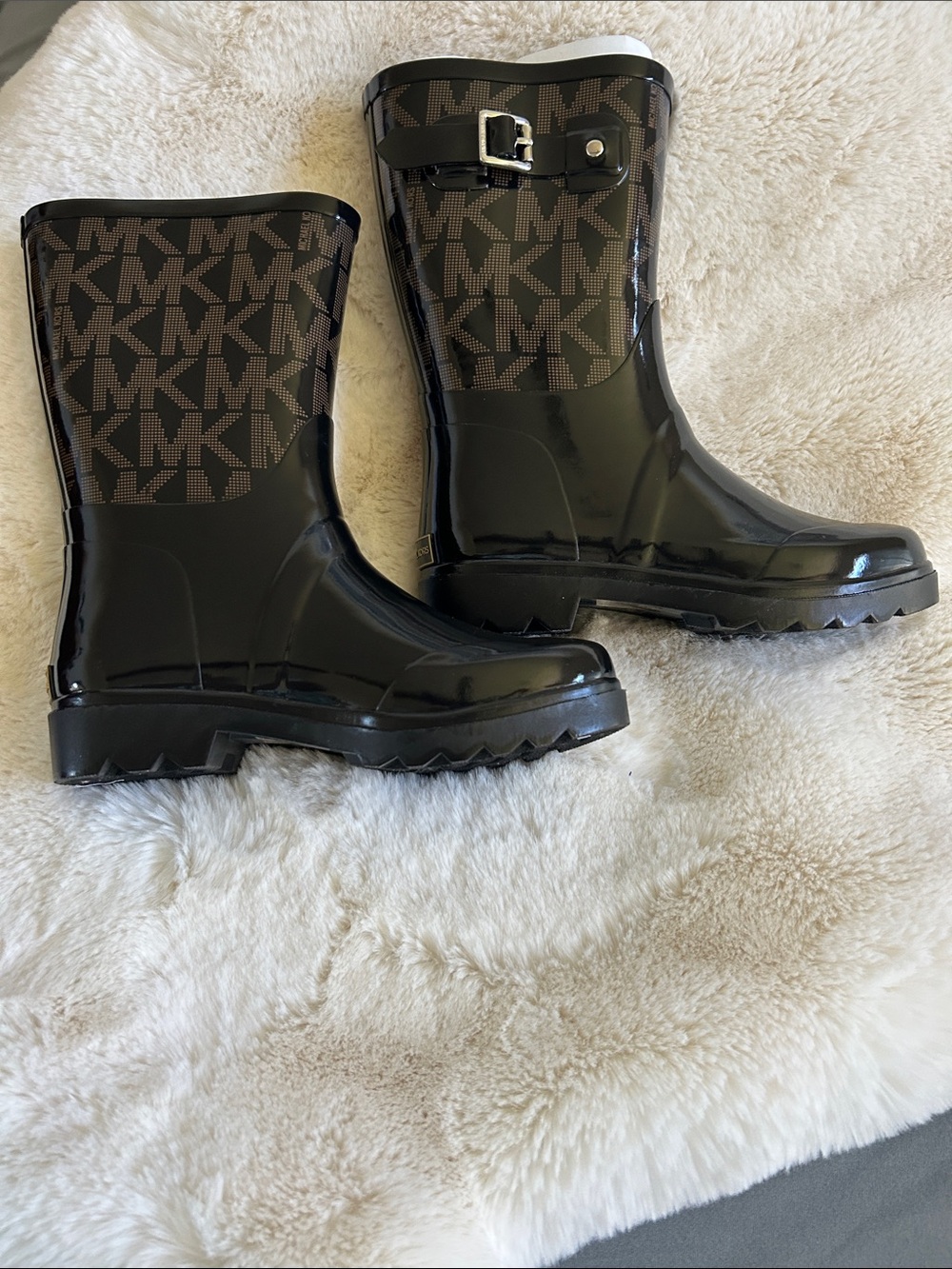 Michael Kors Black Logo-Print Kids Rain Boots with Buckle Accent
